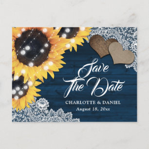 Navy Blue Wood Sunflower Wedding Save The Date Announcement Postcard
