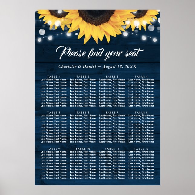Navy Blue Wood Sunflower Wedding Seating Chart 12 (Front)