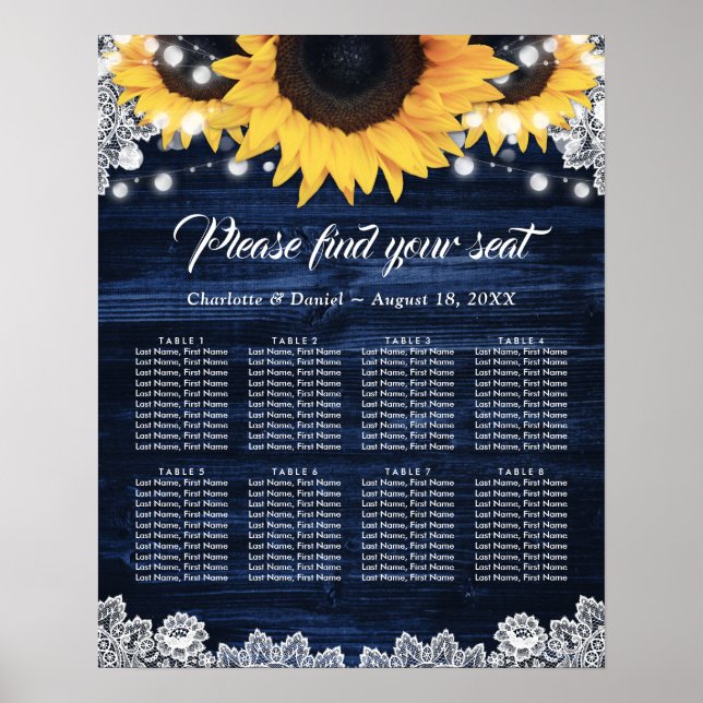 Navy Blue Wood Sunflower Wedding Seating Chart 8 (Front)