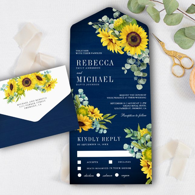 Navy Blue Wood Sunflowers and Eucalyptus Wedding All In One Invitation (Creator Uploaded)