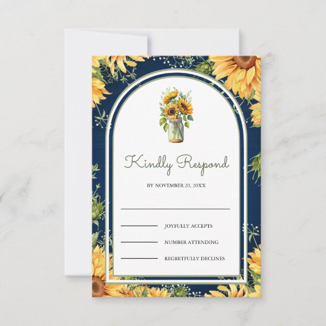 Navy Blue Wood Sunflowers Mason Jar Arch Wedding RSVP Card (Front)