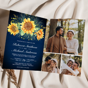 Navy Blue Wood Sunflowers Photo QR Code Wedding Invitation