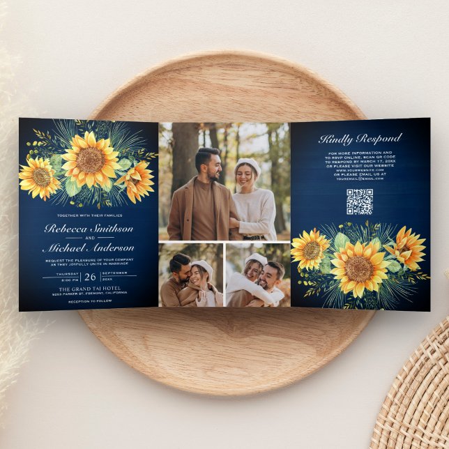 Navy Blue Wood Sunflowers Photo QR Code Wedding Tri-Fold Invitation (Creator Uploaded)