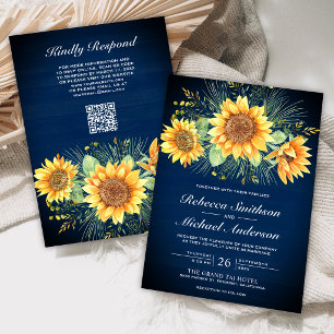 Navy Blue Wood Sunflowers QR Code Wedding Invitation
