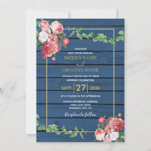 Navy Blue Wood Vintage Pink Roses & Gold Wedding Invitation