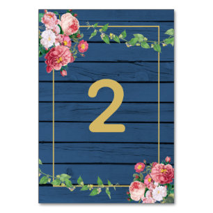 Navy Blue Wood Vintage Pink Roses & Gold Wedding Table Number