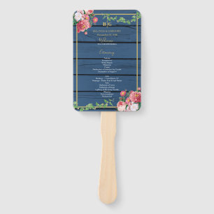 Navy Blue Wood Vintage Roses Gold Wedding Program Hand Fan