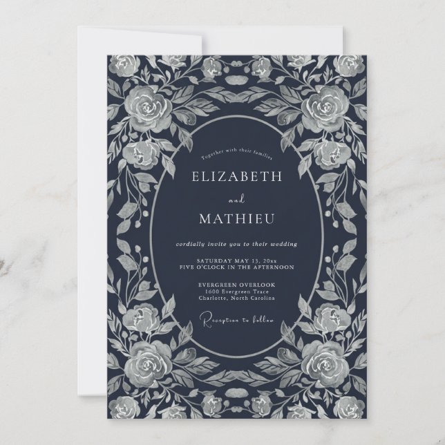 Navy Blue Woodcut Rose Wedding Invitation (Front)