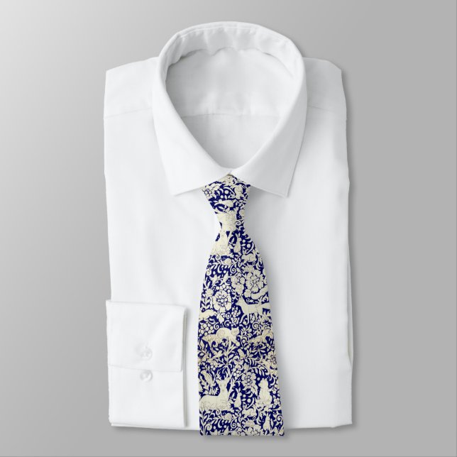 Navy Blue Woodland Animal Lover Forest Pattern Tie (Tied)