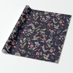Navy Blue Woodland Animal Nature Botanical Pattern Wrapping Paper