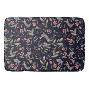 Navy Blue Woodland Animals Floral Leaves Pattern Bath Mat