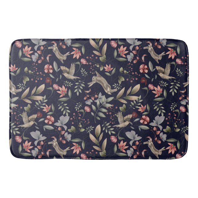 Navy Blue Woodland Animals Floral Leaves Pattern Bath Mat (Front)
