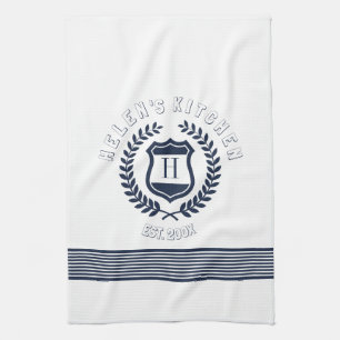Navy Blue Wreath And Stripes Design Monogram Tea Towel