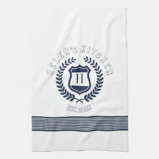Navy Blue Wreath And Stripes Design Monogram Tea Towel
