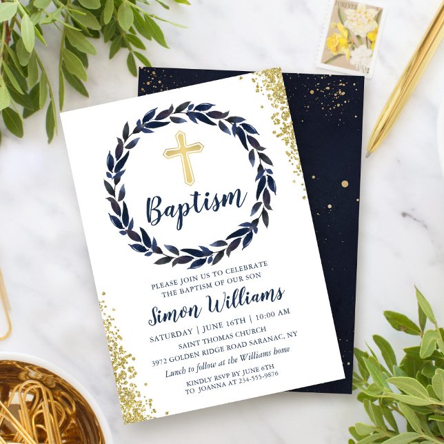 Navy Blue Wreath Gold Glitter Boy Baptism Invitation (Creator Uploaded)