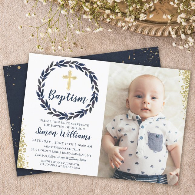 Navy Blue Wreath Gold Glitter Boy Baptism Photo Invitation (Creator Uploaded)