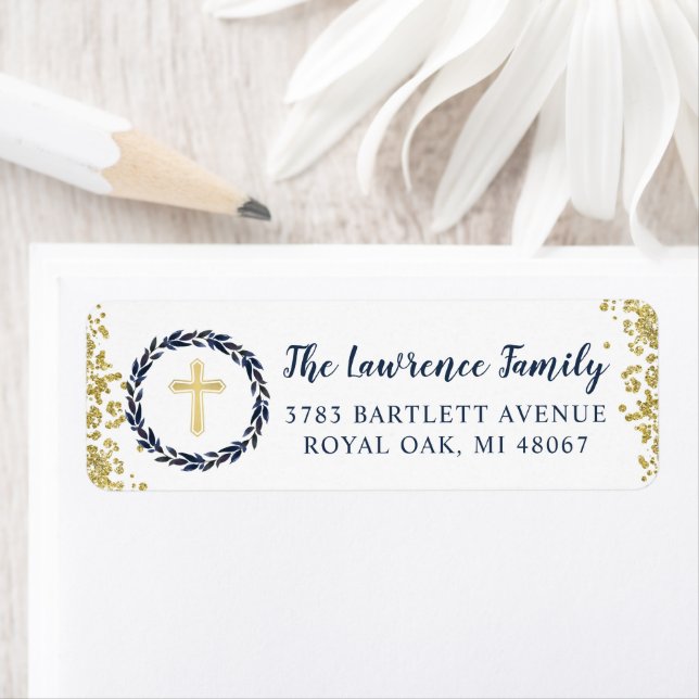 Navy Blue Wreath Gold Religious Return Address (Insitu)