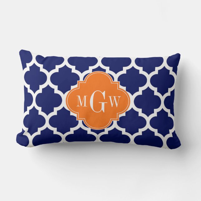 Navy Blue Wt Chevron Pumpkin Quatrefoil 3 Monogram Lumbar Cushion (Front)