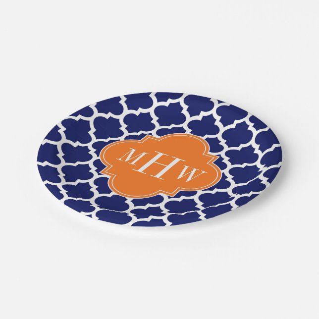 Navy Blue Wt Chevron Pumpkin Quatrefoil 3 Monogram Paper Plate (Angled)