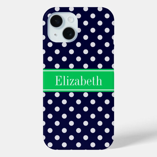 Navy Blue Wt Polka Dot Emerald Green Name Monogram Case-Mate iPhone Case (Back)