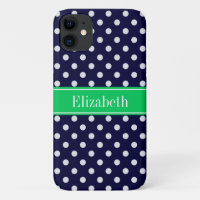 Navy Blue Wt Polka Dot Emerald Green Name Monogram