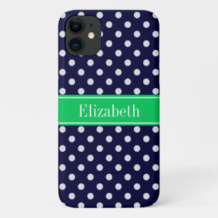 Navy Blue Wt Polka Dot Emerald Green Name Monogram Case-Mate iPhone Case