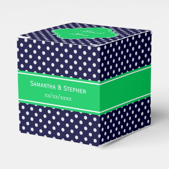 Navy Blue Wt Polka Dot Emerald Green Name Monogram Favour Box (Front Side)