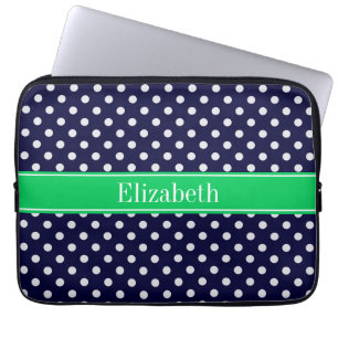 Navy Blue Wt Polka Dot Emerald Green Name Monogram Laptop Sleeve