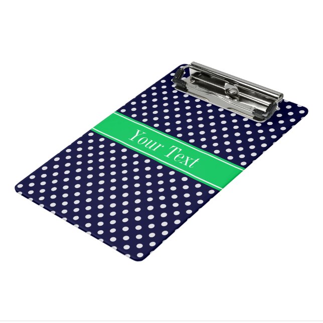 Navy Blue Wt Polka Dot Emerald Green Name Monogram Mini Clipboard (Angled3)