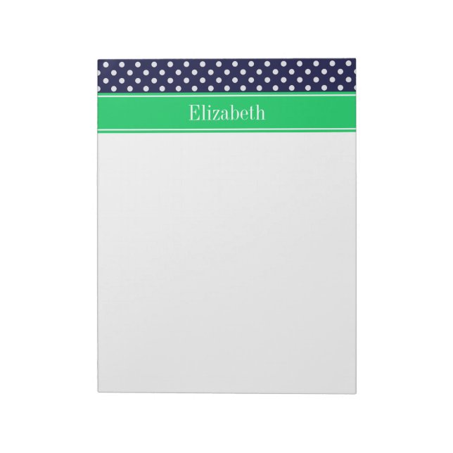Navy Blue Wt Polka Dot Emerald Green Name Monogram Notepad (Rotated)