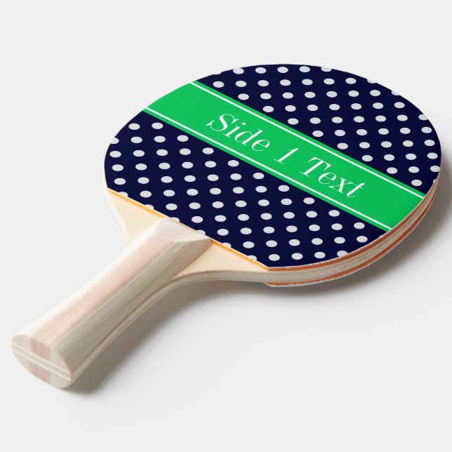Navy Blue Wt Polka Dot Emerald Green Name Monogram Ping Pong Paddle (Front Angle)