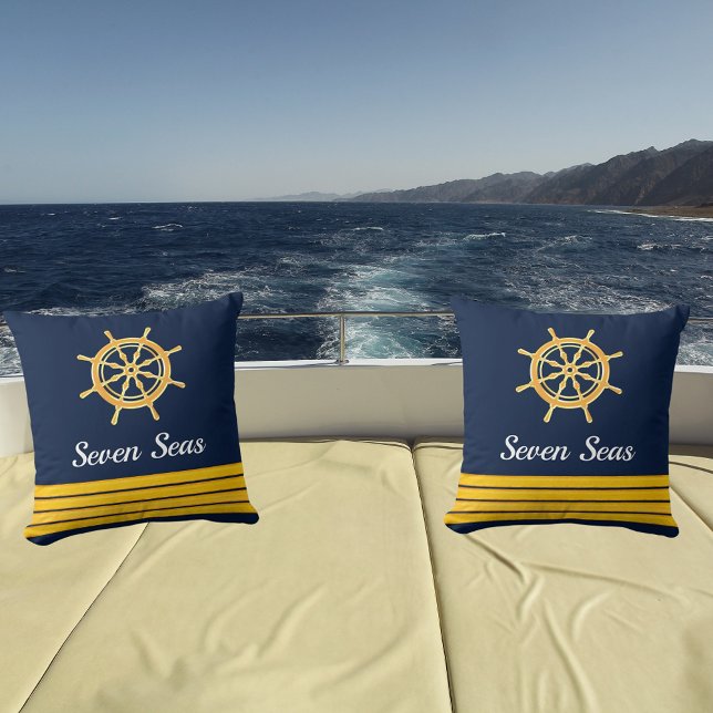 Navy blue yacht boat gold steering wheel stripes cushion (Creator Uploaded)