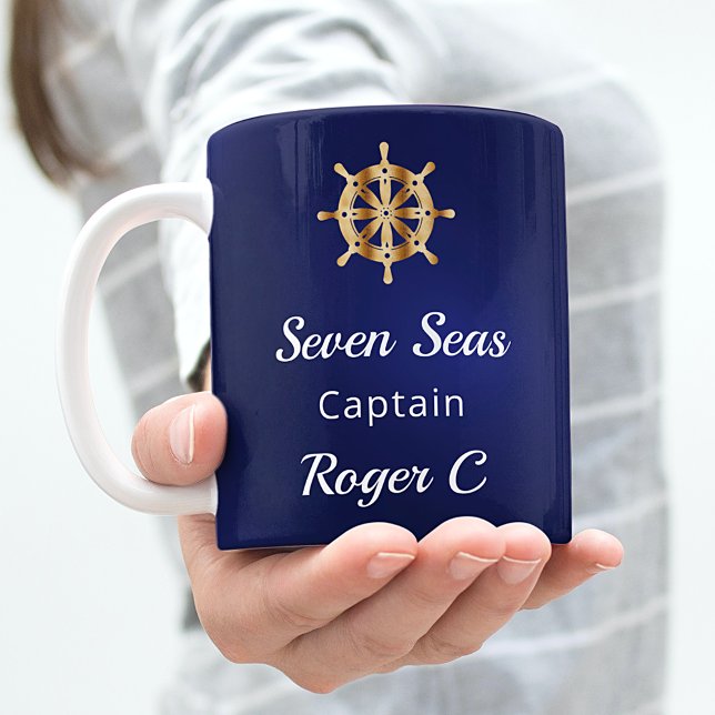 Navy blue yacht boat name gold steering wheel  coffee mug (Creator Uploaded)