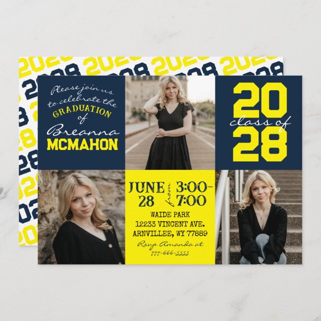 Navy Blue & Yellow 3 Photo Graduation Invitation (Front/Back)