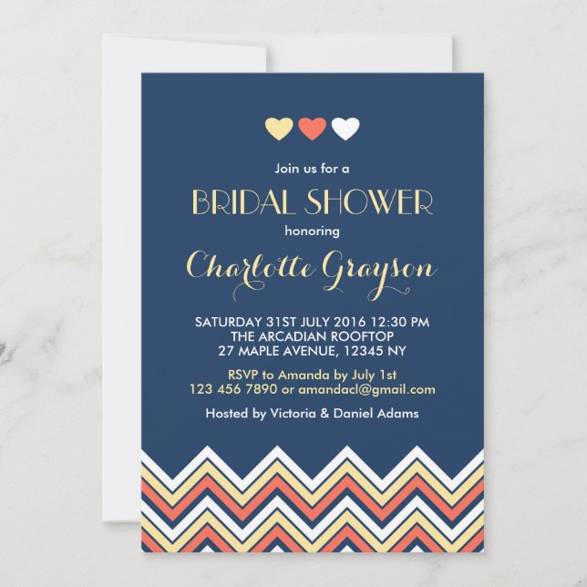 Navy Blue Yellow Chevron Bridal Shower Invitation (Front)