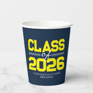 Navy Blue & Yellow Class of Year Graduation Paper Cups