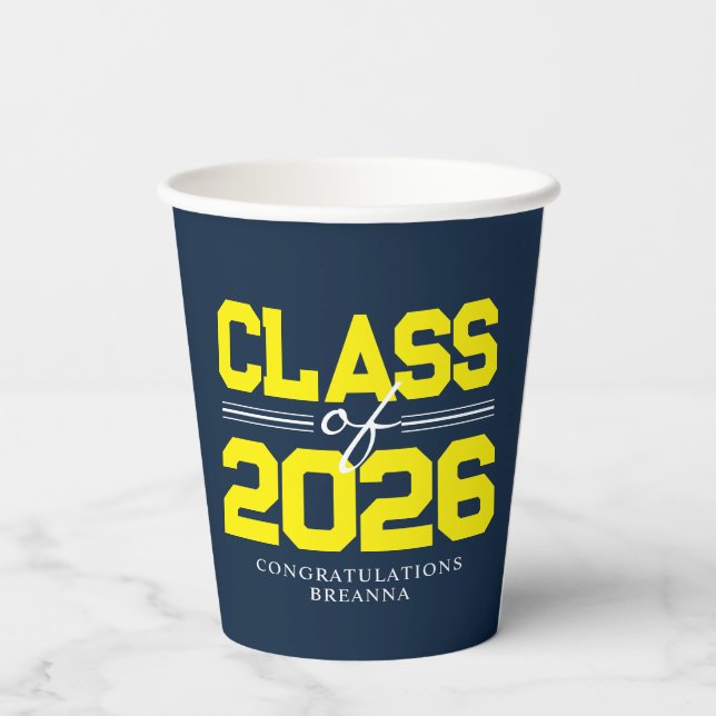 Navy Blue & Yellow Class Year Graduation Paper Cups (Back)
