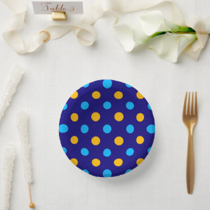 Navy Blue Yellow Cyan Polka Dots Design  Paper Plate