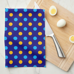 Navy Blue Yellow Cyan Polka Dots Design  Tea Towel