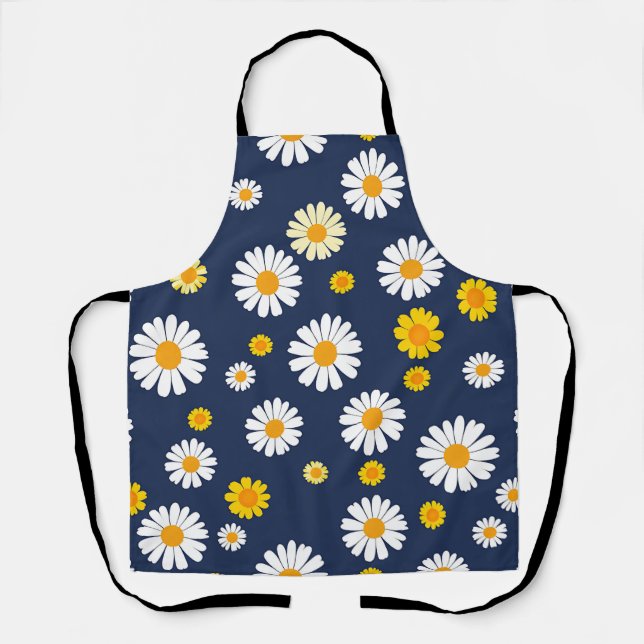 Navy Blue Yellow Daisy Floral Simple Retro Pattern Apron (Front)