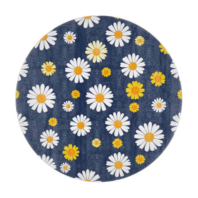 Navy Blue Yellow Daisy Floral Simple Retro Pattern Cutting Board (Front)