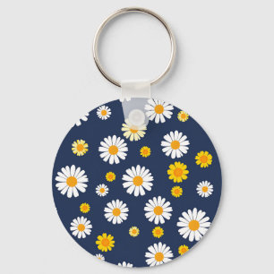 Navy Blue Yellow Daisy Floral Simple Retro Pattern Key Ring