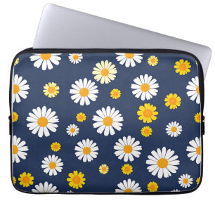 Navy Blue Yellow Daisy Floral Simple Retro Pattern Laptop Sleeve