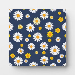 Navy Blue Yellow Daisy Floral Simple Retro Pattern Plaque