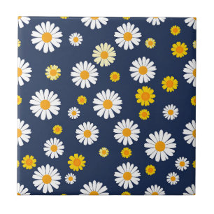 Navy Blue Yellow Daisy Floral Simple Retro Pattern Tile