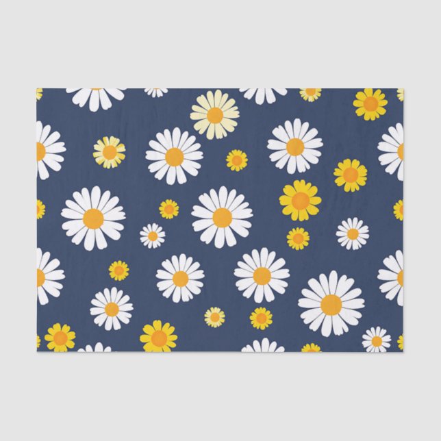 Navy Blue Yellow Daisy Floral Simple Retro Pattern Tissue Paper (Front)