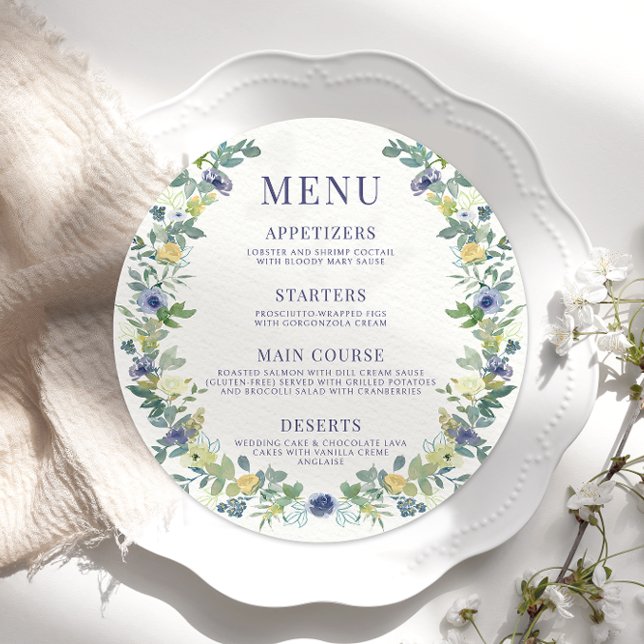Navy blue yellow floral boho round Menu Card Plate (Creator Uploaded)