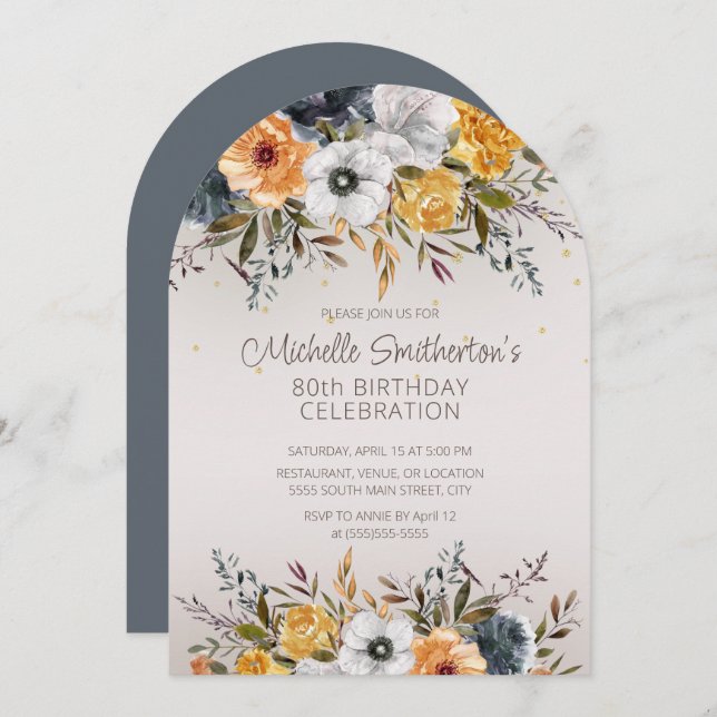 Navy Blue Yellow Floral Glitter 80th Birthday Invitation (Front/Back)