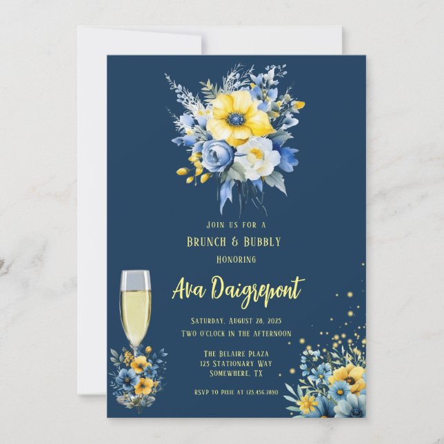 Navy Blue Yellow Floral Gold Brunch & Bubbly Invitation (Front)