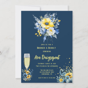 Navy Blue Yellow Floral Gold Brunch & Bubbly Invitation